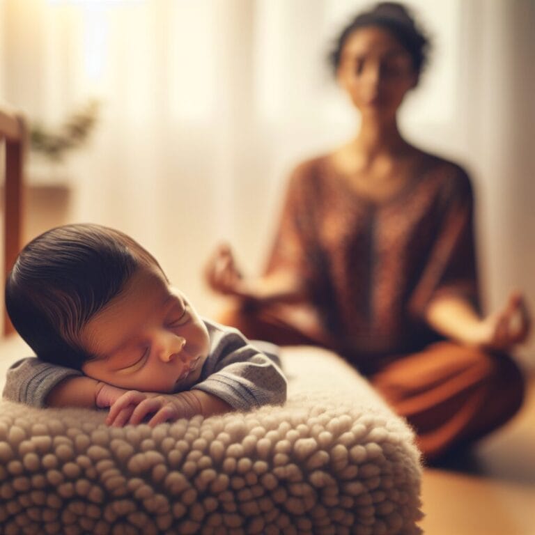 A peaceful newborn baby sleeping soundly on a soft blanket with a parent practicing meditation beside the crib