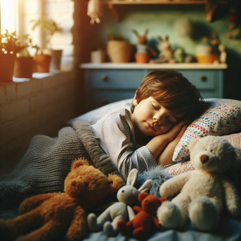 A peaceful preschooler sleeping soundly in a cozy bed surrounded by soft toys with a gentle moonlight filtering through the window