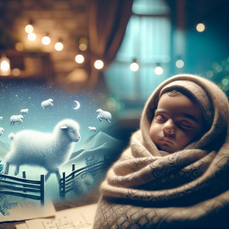 A peaceful sleeping infant wrapped in a soft blanket with dimmed lights and a gentle image of sheep jumping over a fence in a dreamy background