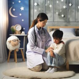 A pediatrician comforting a child during a consultation with a sleepthemed decor in the background and no text or infographic elements