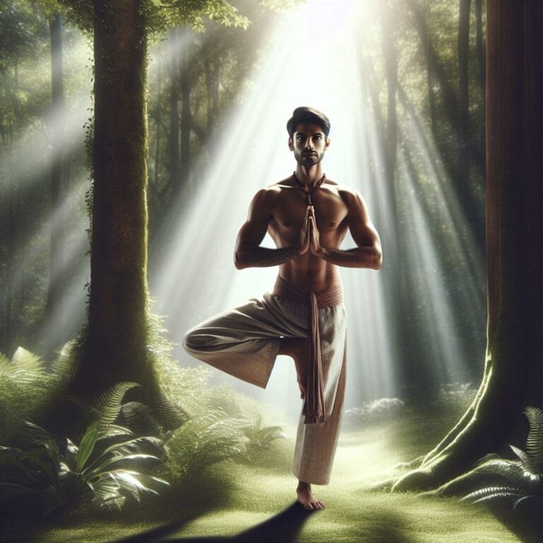 A person in a balanced tree yoga pose with a serene expression against a tranquil backdrop reflecting focus and inner strength