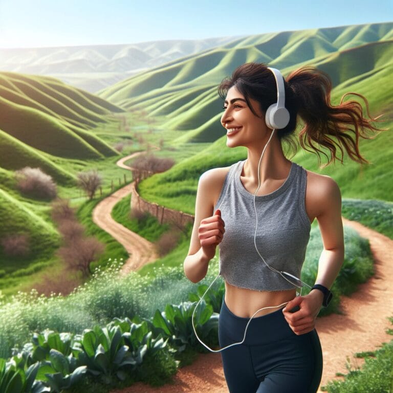 A person joyfully jogging outdoors with headphones on surrounded by nature and a clear blue sky exemplifying a healthy cardio workout