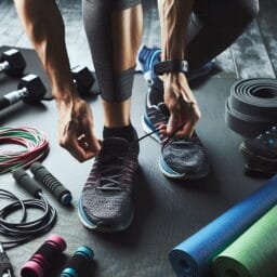 A person lacing up running shoes with a jump rope resistance bands and a yoga mat in the background ready for an advanced cardio workout