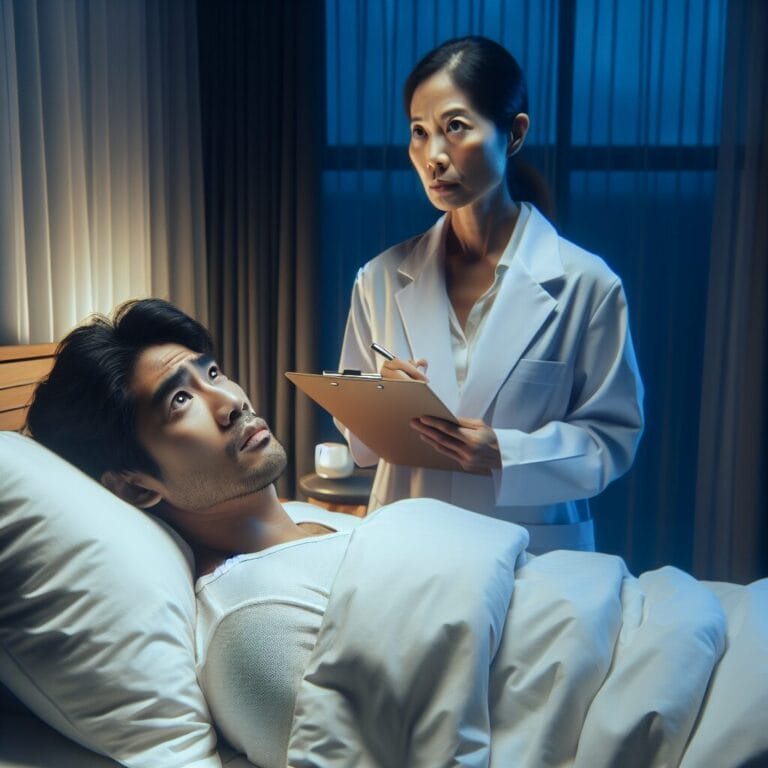 A person lying awake in bed staring at the ceiling with a look of concern while a sleep specialist in a white coat is holding a clipboard and discussing with the patient