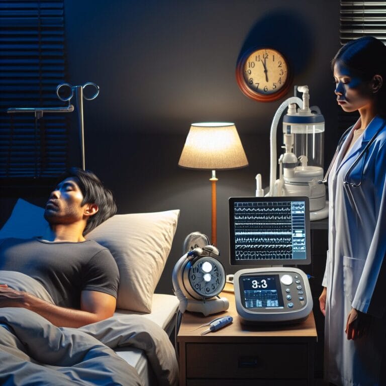 A person lying awake in bed with a clock indicating its late while a sleep specialist reviews data on a polysomnography machine next to a CPAP device and a light therapy lamp