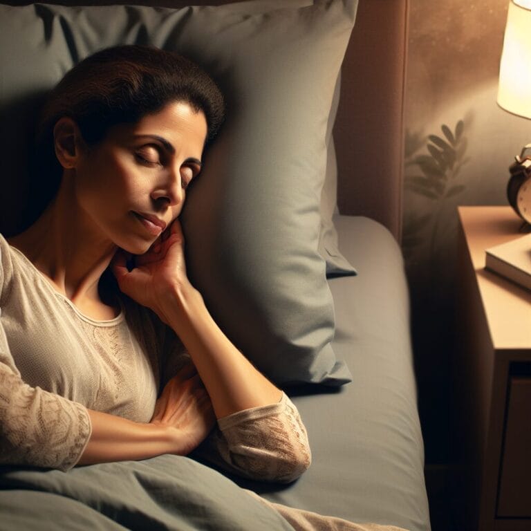A person peacefully sleeping in a dark calm bedroom environment with soft lighting and a serene expression symbolizing good sleep hygiene and restorative sleep