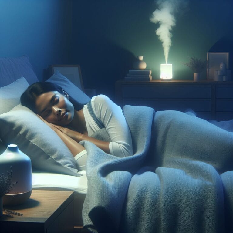 A person peacefully sleeping in a serene bedroom with cool hues cozy blankets and a diffuser emitting lavender aroma symbolizing a sleepfriendly environment