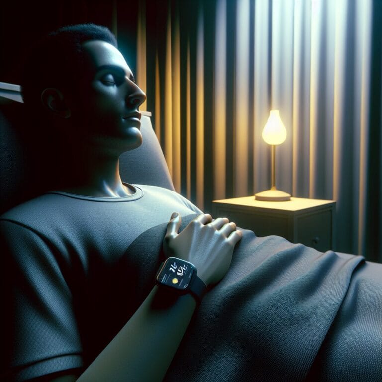 A person peacefully sleeping with a sleep tracker device on their wrist in a dark and quiet bedroom with soft lighting and curtains closed to block out street lights