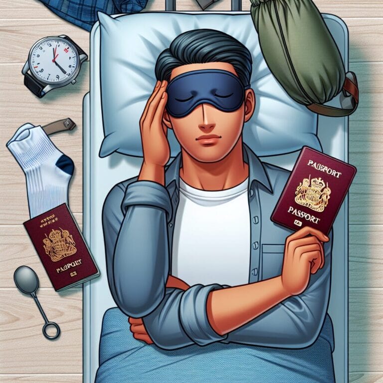 A person peacefully sleeping with an eye mask on surrounded by travelrelated items like a suitcase a passport a watch set to a different time zone and a pair of compression socks