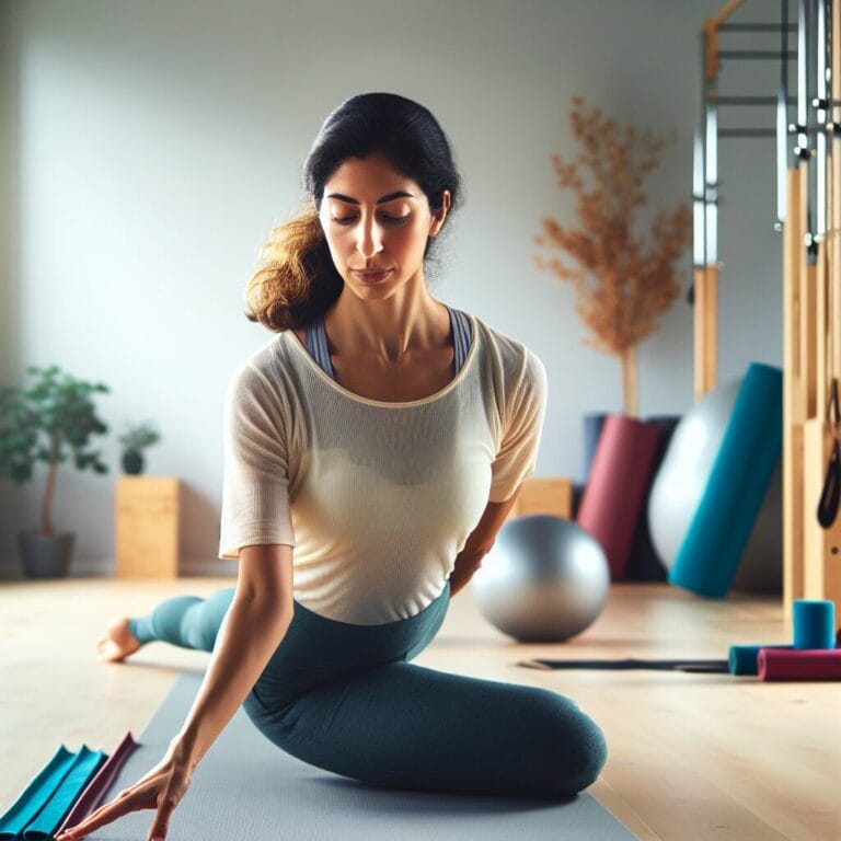 A person performing an advanced Pilates routine in a serene welllit studio focusing on balance and flexibility with Pilates props like resistance bands and stability balls nearby
