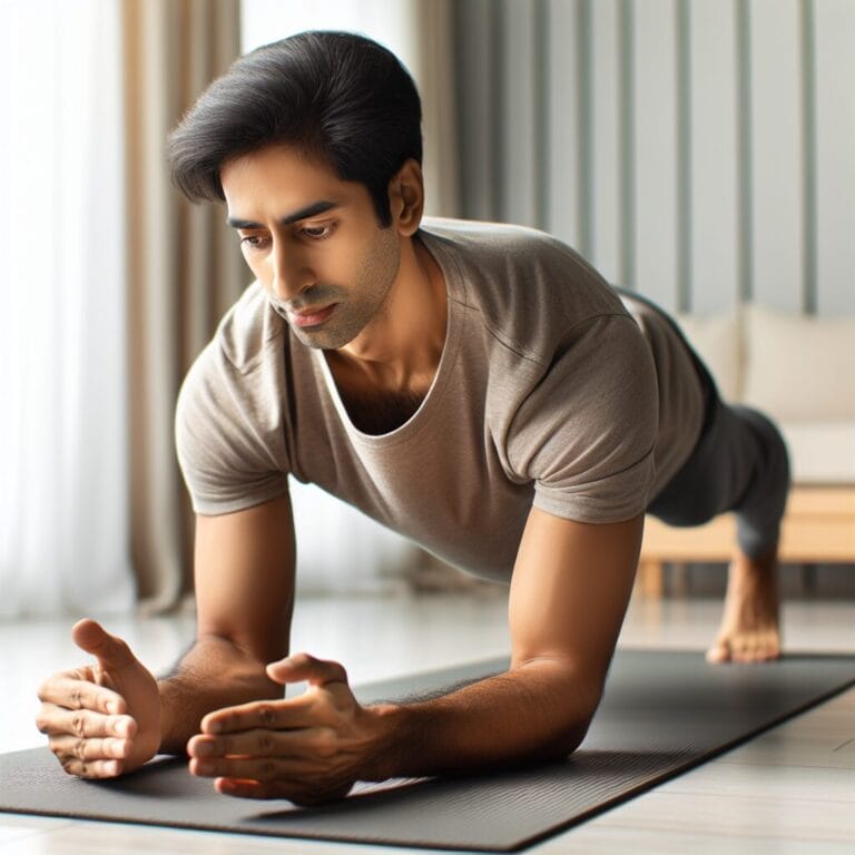 A person practicing Pilates at home focusing on balance and stretching exercises with a serene and motivated expression reflecting a healthy lifestyle