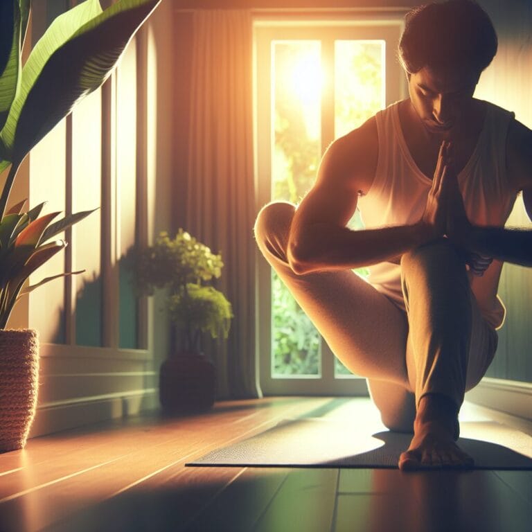 A person practicing gentle yoga in a peaceful home environment with soft lighting and maybe a plant in the background to promote relaxation and stress relief after work