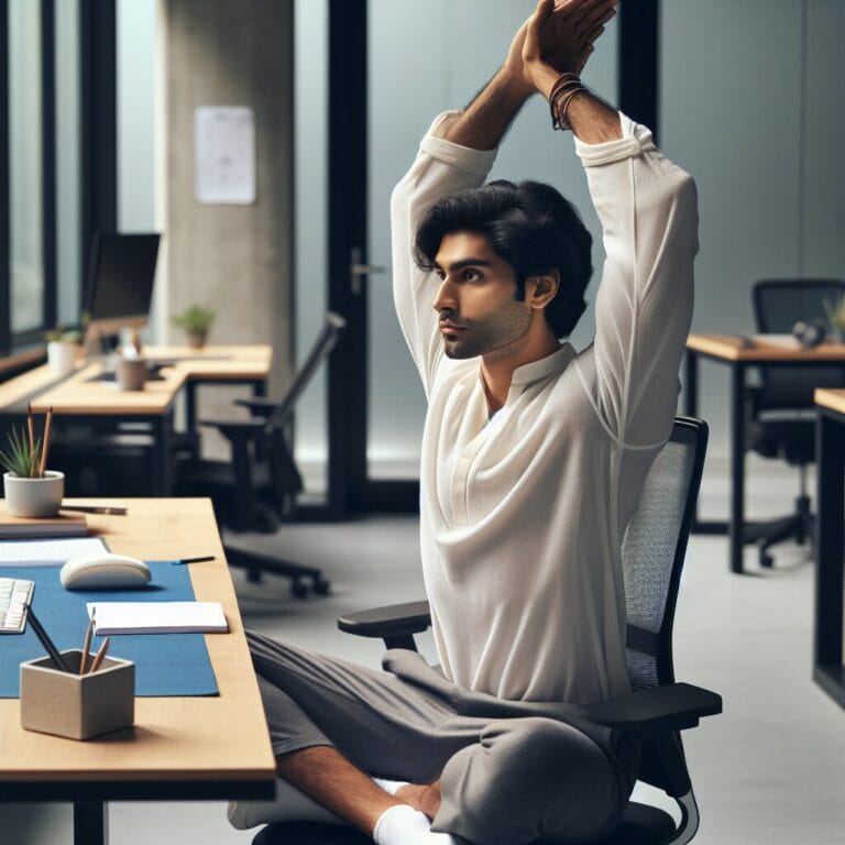 A person sitting at a desk in an office calmly practicing desk yoga poses such as seated stretches and breathing exercises