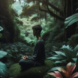 A person sitting in a serene and peaceful setting possibly near nature in a meditative pose with eyes closed and a relaxed expression symbolizing the practice of meditation and mindfulness