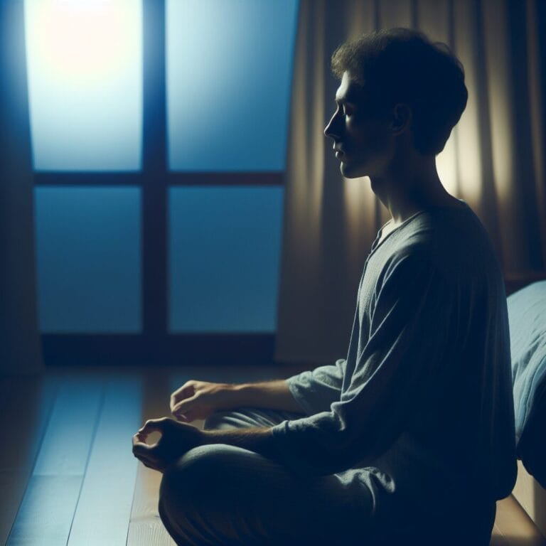 A person sitting in a serene bedroom at twilight eyes closed practicing deep breathing with a soft light illuminating the room suggesting a calm atmosphere conducive to meditation before sleep