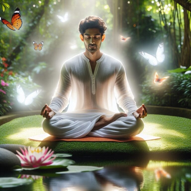 A person sitting in a serene garden meditating in the lotus position surrounded by soft ethereal light and fluttering butterflies