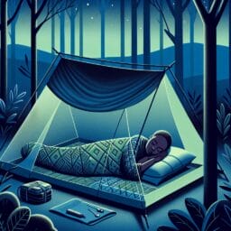 A person sleeping peacefully in a tent with a layered sleeping bag setup earplugs nearby and a tarp under the tent surrounded by a serene forest at night