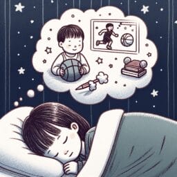 A photo of a child sleeping peacefully in bed with a dream bubble above showing healthy activities like playing sports and studying surrounded by a serene nighttime background