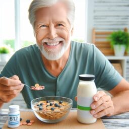 A photo of a smiling elderly person enjoying a breakfast with a glass of fortified plant milk and a bowl of fortified cereal with a bottle of B12 supplements on the table