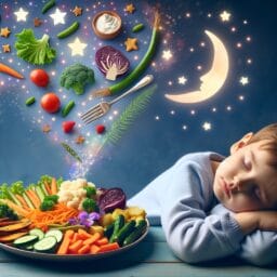A plate full of colorful vegetarian foods rich in sleepsupporting nutrients with a background of a peaceful sleeping child and symbols of stars and a crescent moon hovering above