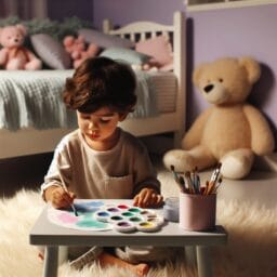 A preschooler engaging in a gentle painting activity calming down before bedtime surrounded by soft colors and a serene environment
