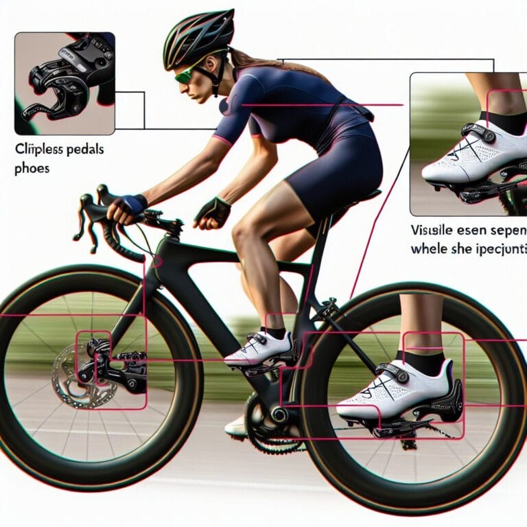 A professional cyclist engaged in a focused pedal stroke on a racing bike showcasing clipless pedals and cycling shoes in action
