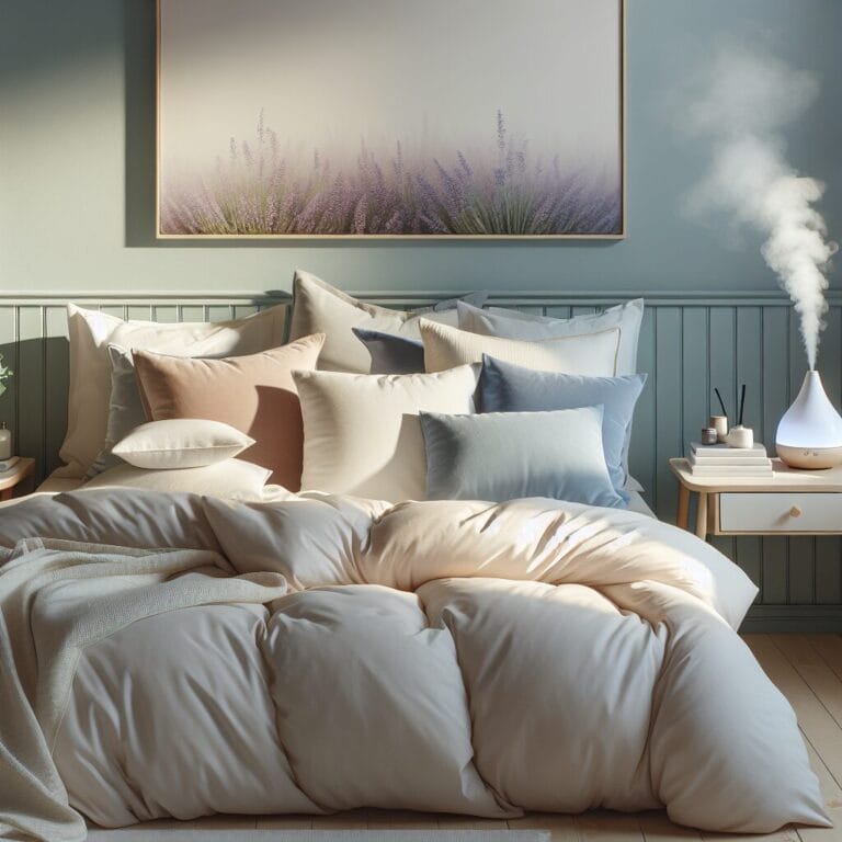 A restful bedroom with a comfortable bed calming colors minimal clutter a variety of pillows for neck support and a diffuser emitting lavender essential oil
