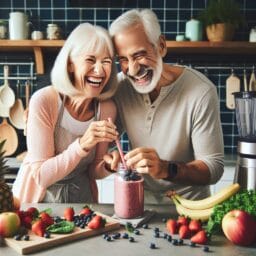 A senior couple laughing together while making a fruit smoothie in a bright modern kitchen surrounded by healthy ingredients and easytouse kitchen gadgets