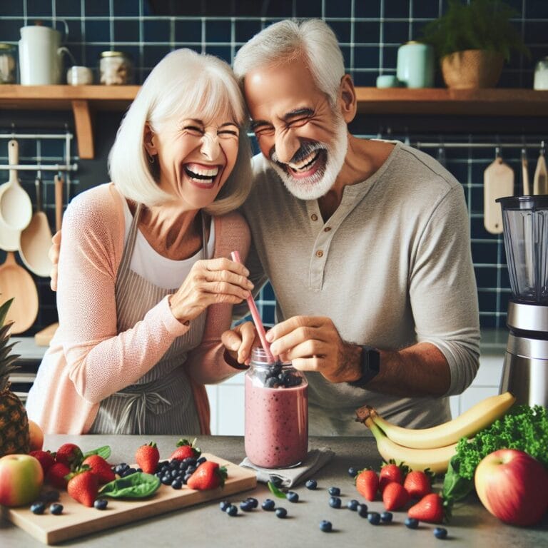 A senior couple laughing together while making a fruit smoothie in a bright modern kitchen surrounded by healthy ingredients and easytouse kitchen gadgets