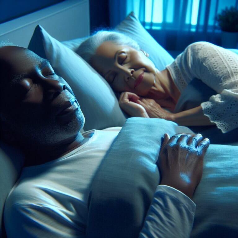 A senior couple peacefully sleeping side by side with a soft blue light representing circadian rhythm gently enveloping them in a cozy dark bedroom setting