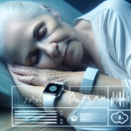 A senior person peacefully sleeping with a smartwatch on their wrist showing data analysis of sleep patterns on a screen beside them