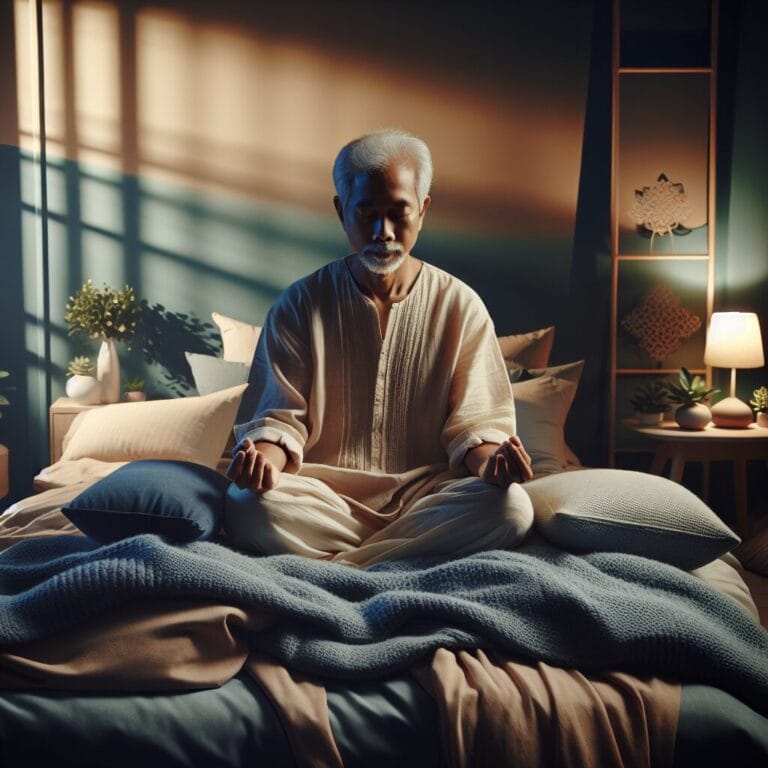 A senior person practicing meditation before bed surrounded by a serene bedroom environment with dim lighting and soothing colors