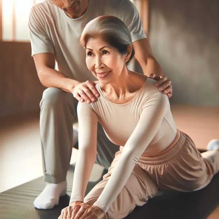 A senior woman performing a gentle Pilates stretch on a mat with a focus on her stability and smiling while being assisted by a supportive instructor