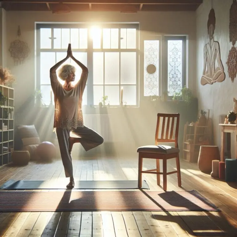 A senior woman practicing tree pose with the support of a chair in a tranquil yoga studio setting sunlight gently streaming through the windows reflecting an atmosphere of calm and balance