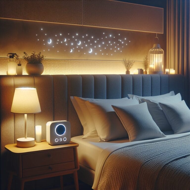 A serene and tranquil bedroom at night with a comfortable bed soft ambient lighting a temperature control thermostat visible and a sound machine on the bedside table