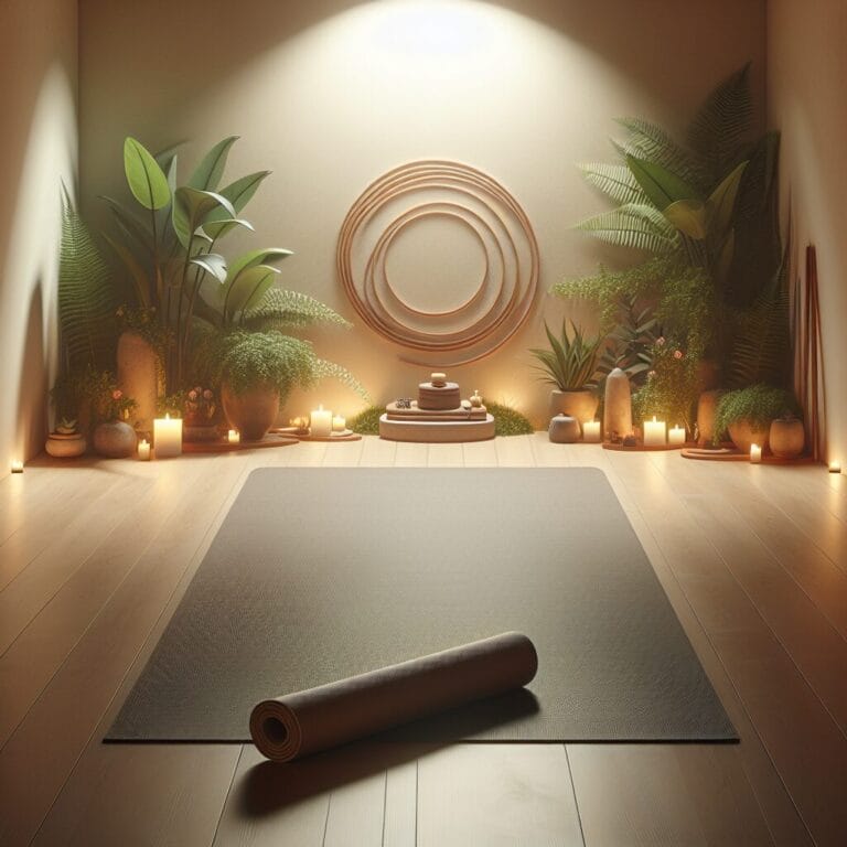 A serene and welcoming yoga studio setup with an unrolled yoga mat peaceful lighting and surrounding elements like plants and candles inviting beginners to start their journey in yoga