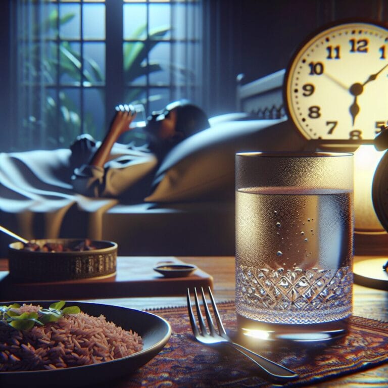 A serene bedroom scene with a person peacefully sleeping a glass of water on the bedside table a plate of brown rice and turkey slices and a clock showing an early evening hour