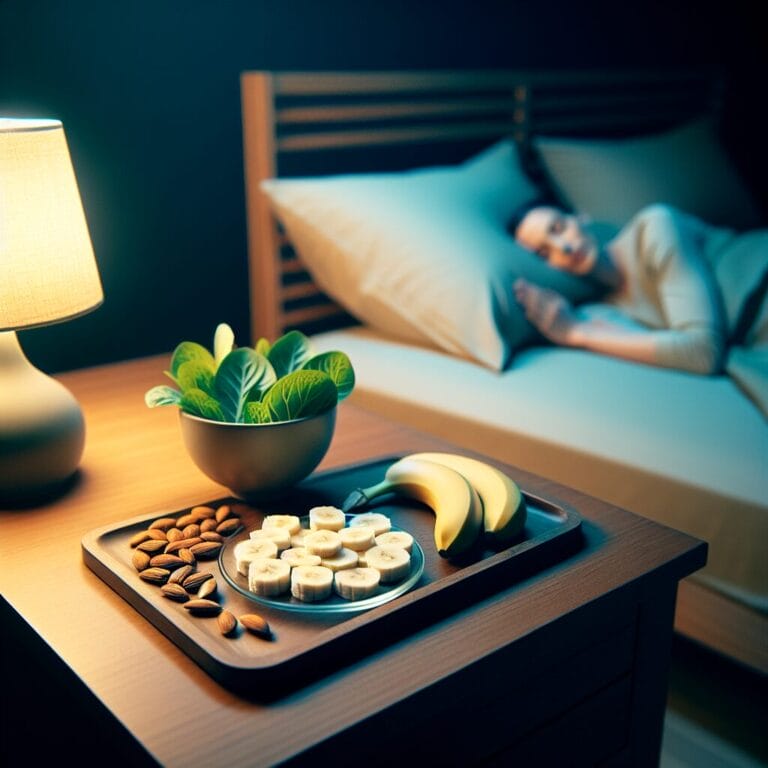 A serene bedroom scene with a plate of sliced bananas a handful of almonds and a small bowl of leafy greens on the nightstand next to a sleeping individual in a comfortable dimly lit room