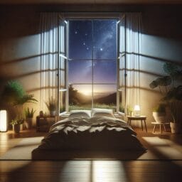 A serene bedroom with a large window open to a starry night sky indoor plants soft natural lighting and a sound machine playing gentle nature sounds
