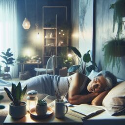 A serene bedroom with an older adult sleeping peacefully surrounded by plants soft lighting and a visualization of a calm nighttime routine