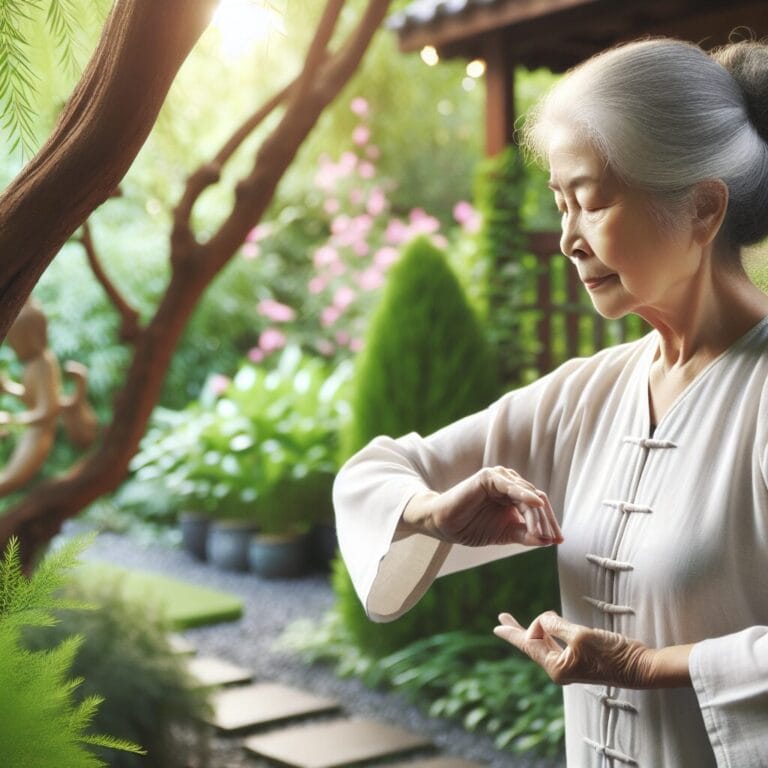 A serene elderly person practicing Tai Chi in a peaceful garden setting with a soft focus on gentle movements and a calming atmosphere to represent meditation adapted for older adults