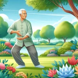 A serene elderly person practicing Tai Chi in a peaceful park setting depicting relaxation and mindfulness for better sleep