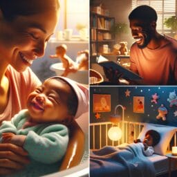 A serene image of a parent giving a gentle bath to a smiling newborn followed by a cozy scene of reading a bedtime story to a drowsy baby in a dimly lit nursery