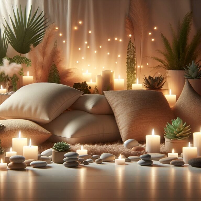 A serene meditation space with cushions calming candles and natural elements like plants or stones to inspire setting up a peaceful environment for mindfulness practices