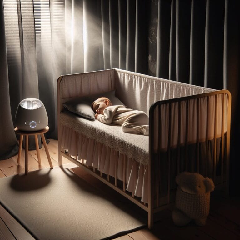 A serene nursery with blackout curtains a crib with soft bedding a white noise machine emitting calming sounds and a sleeping baby in comfortable pajamas