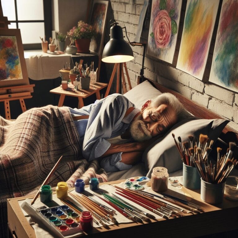 A serene older artist asleep in a cozy bedroom filled with art supplies under soft lighting depicting a peaceful sleep environment that fosters creativity