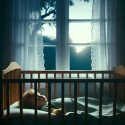 A serene toddler sleeping soundly in a crib with a gentle moonlight filtering through the window and a soft night breeze rustling the leaves of a tree outside
