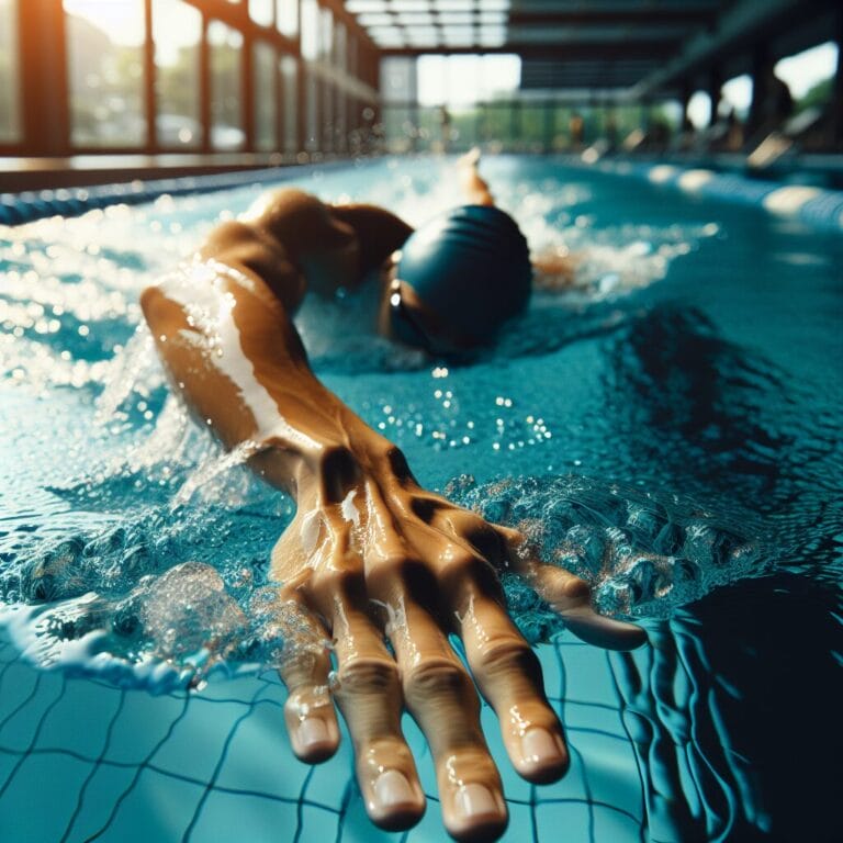 A swimmer perfecting their hand entry and catch during the freestyle stroke in a pool demonstrating reduced drag and increased propulsion