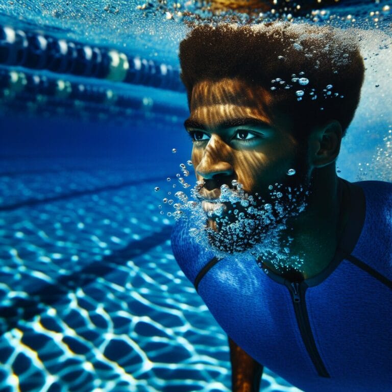 A swimmer practicing rhythmic breathing techniques in a pool exhaling bubbles underwater in a calm and controlled manner