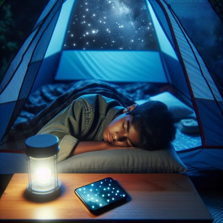 A teen sleeping peacefully in a tent under the stars with a smartphone displaying a blue light filter app on a nightstand nearby